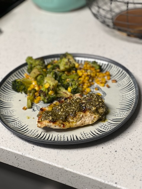 Easiest Pesto Chicken with Roasted Parmesan Broccoli and Corn